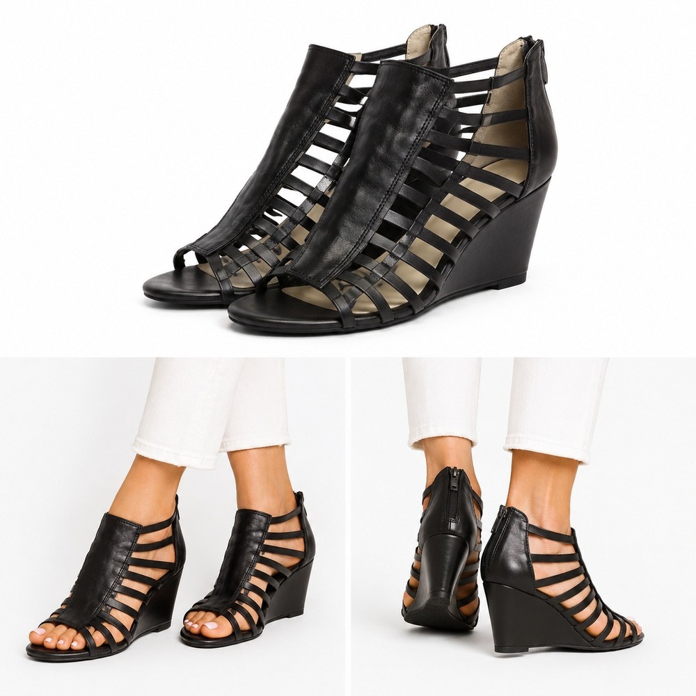 Me Too Women's‎ High Heel Wedge Sandals Black Leather Strapped Back Zip Sz 7.5